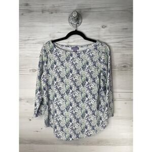 Laura Scott Shirt Womens Medium White Blue Green Floral 3/4‎ Sleeve Boat Neck